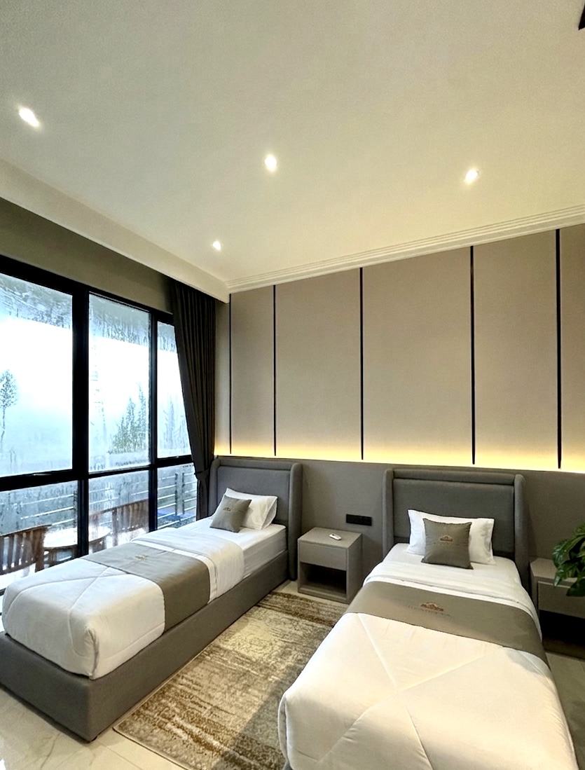 Twin beds with upholstered headboards and a window
